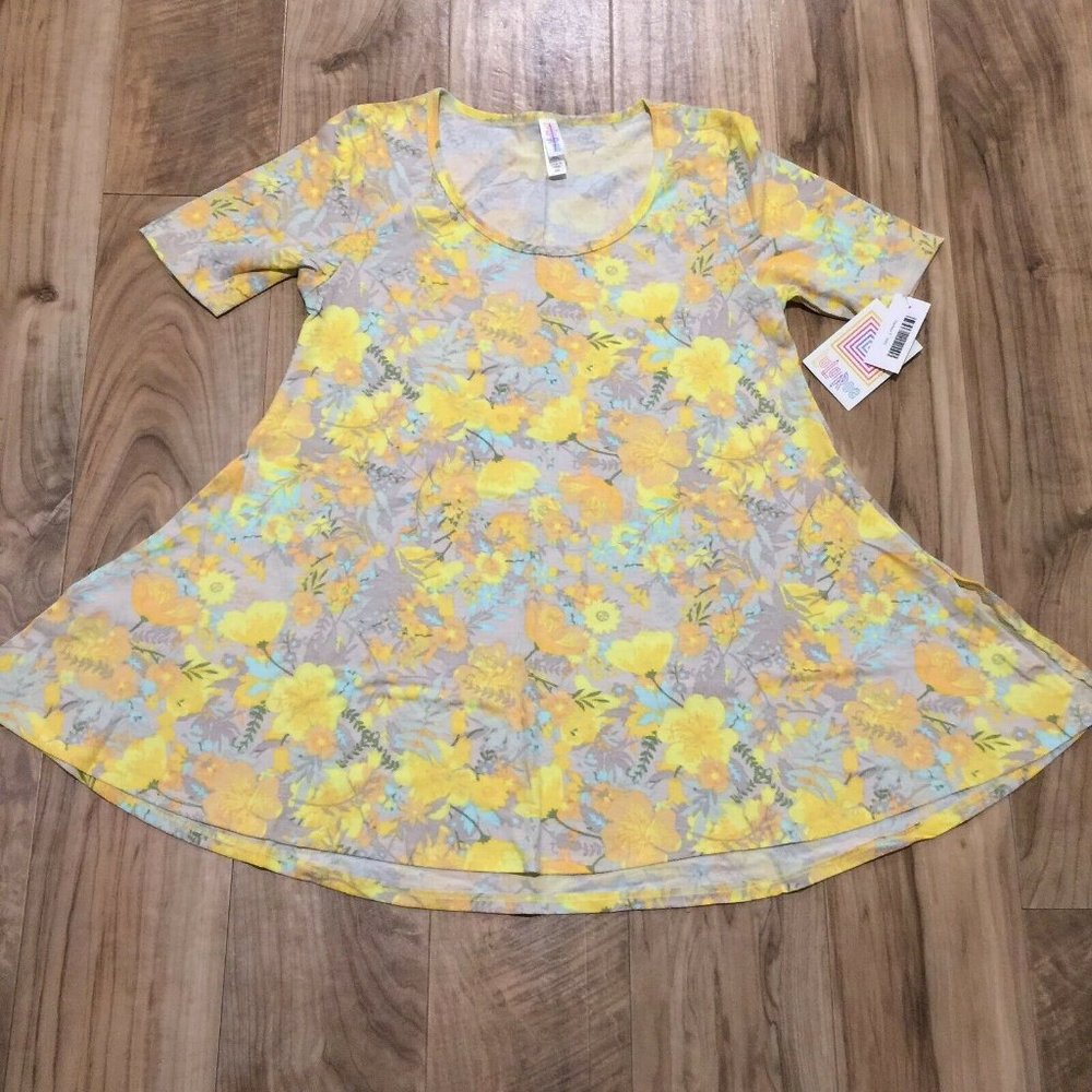 LuLaRoe Perfect T Top XXS Yellow Gray Floral Cottagecore Swing Tunic NWT